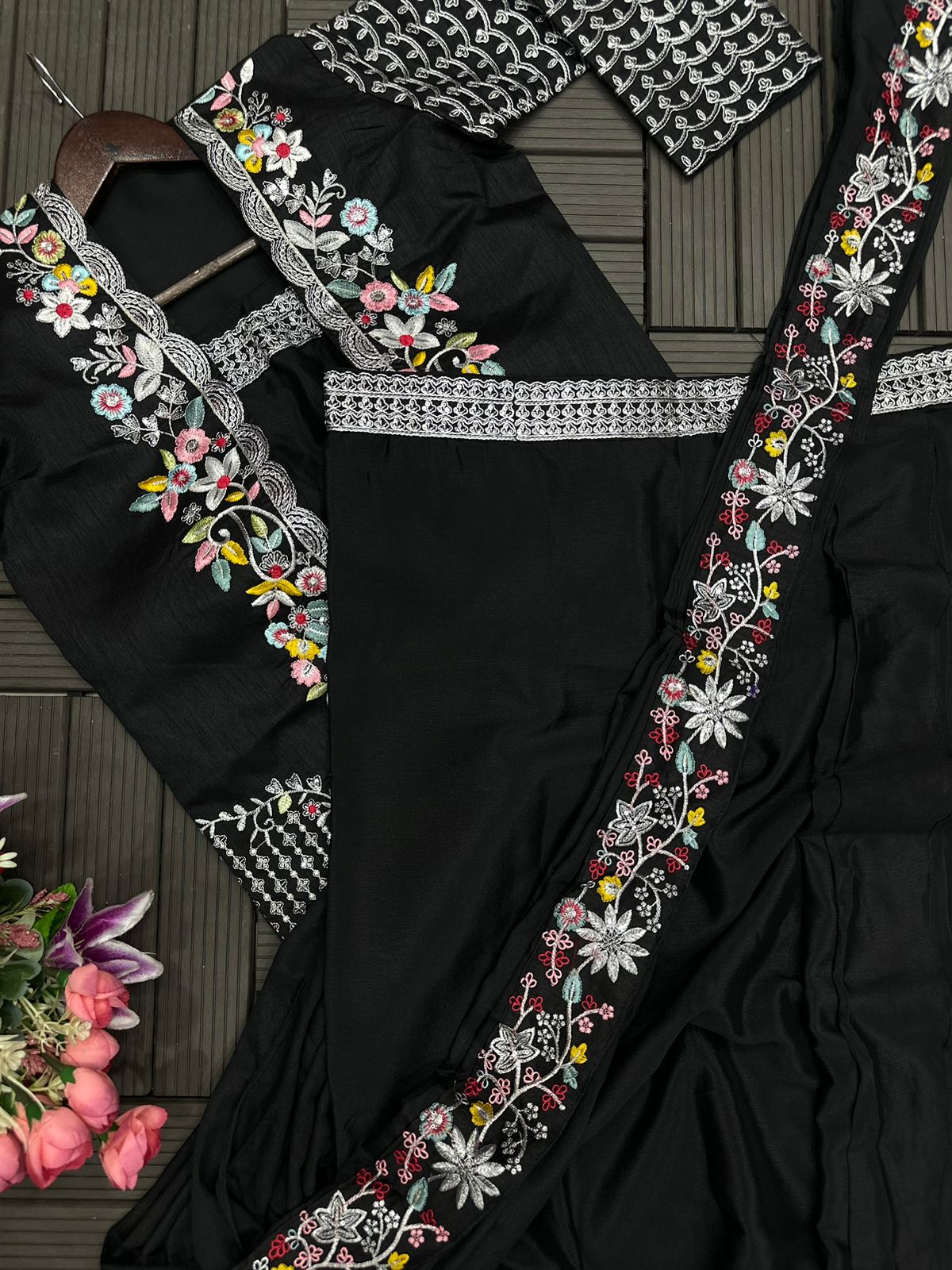 Beautiful Black Heavy Chinon Embroidered Sharara Set