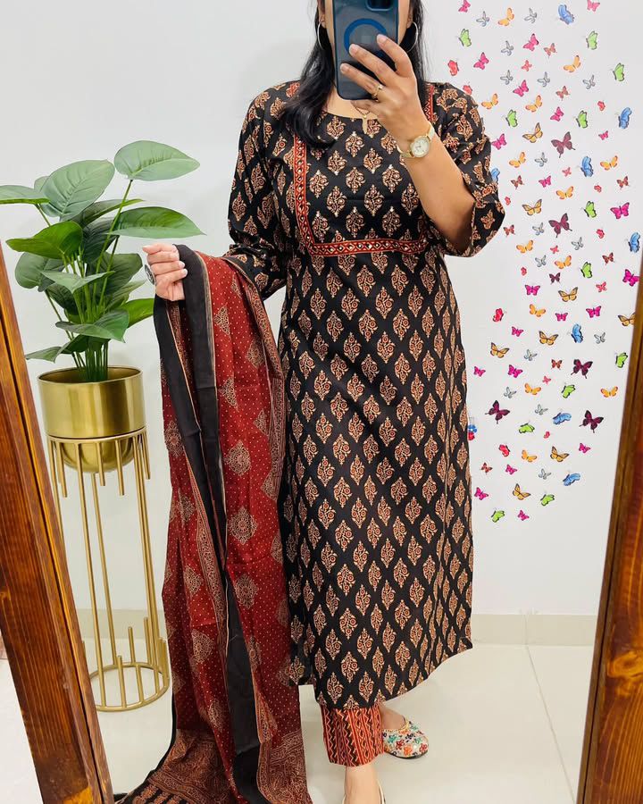 Heavy Cotton Sequence Kurti Pant Dupatta Set