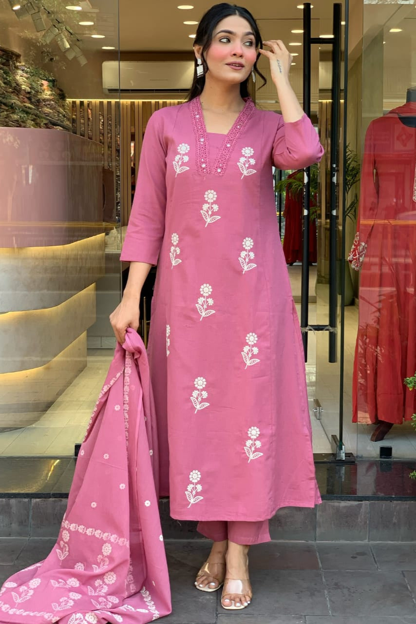 Festive Embroidered Cotton Suit Set