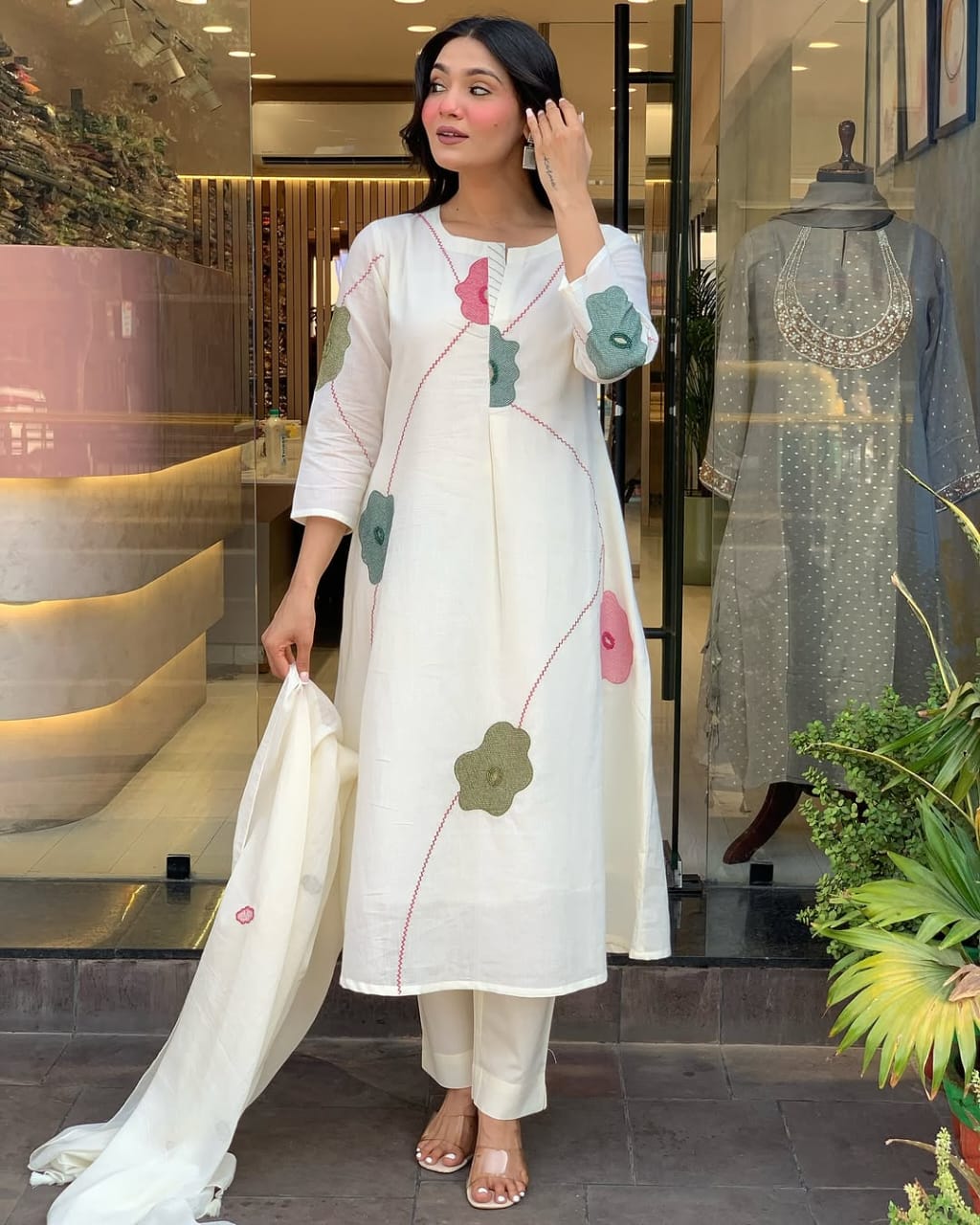 Nooraniya White Mul Cotton Embroidered Suit Set