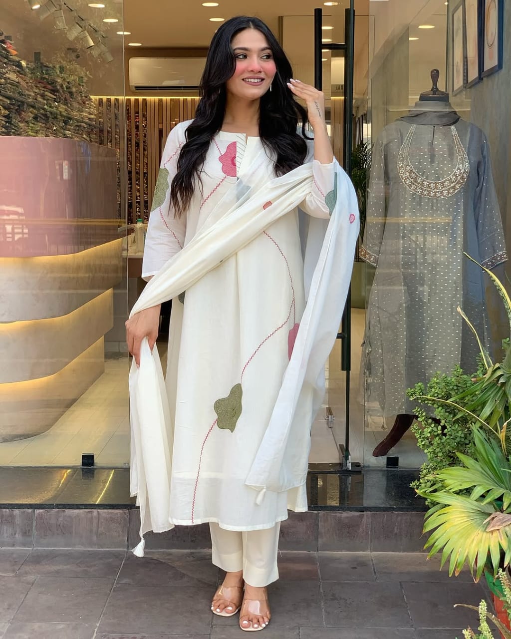 Nooraniya White Mul Cotton Embroidered Suit Set