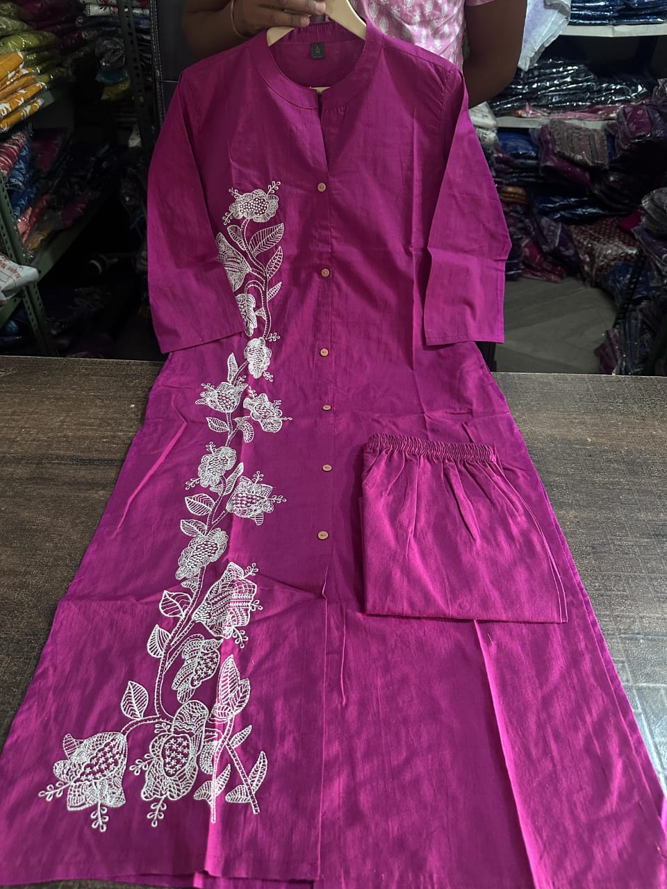 Purple Cotton Embroidered Kurti Pant Set Co-Ord Set