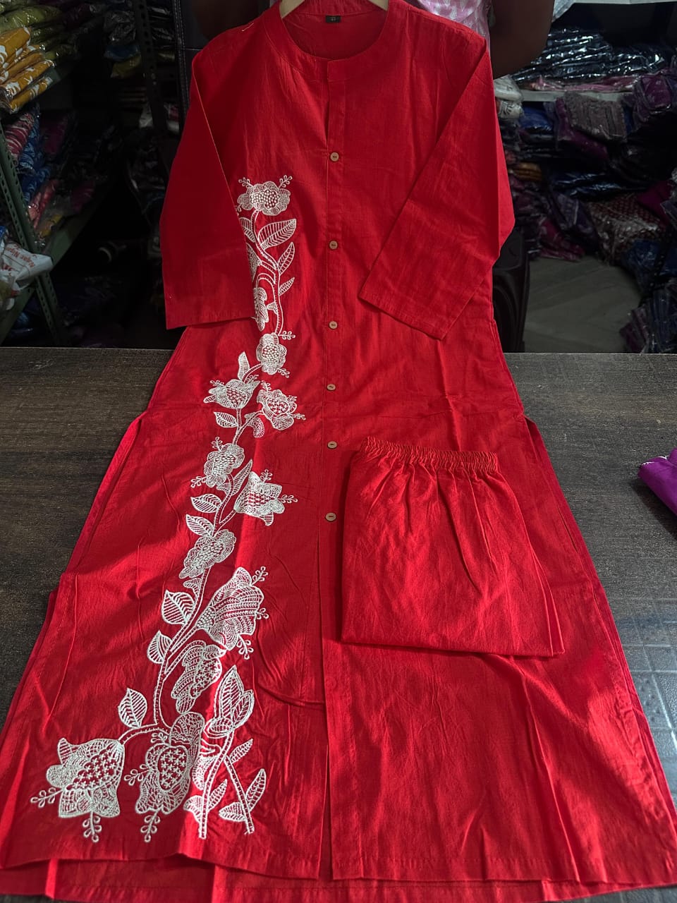 Red Cotton Embroidered Kurti Pant Set Co-Ord Set