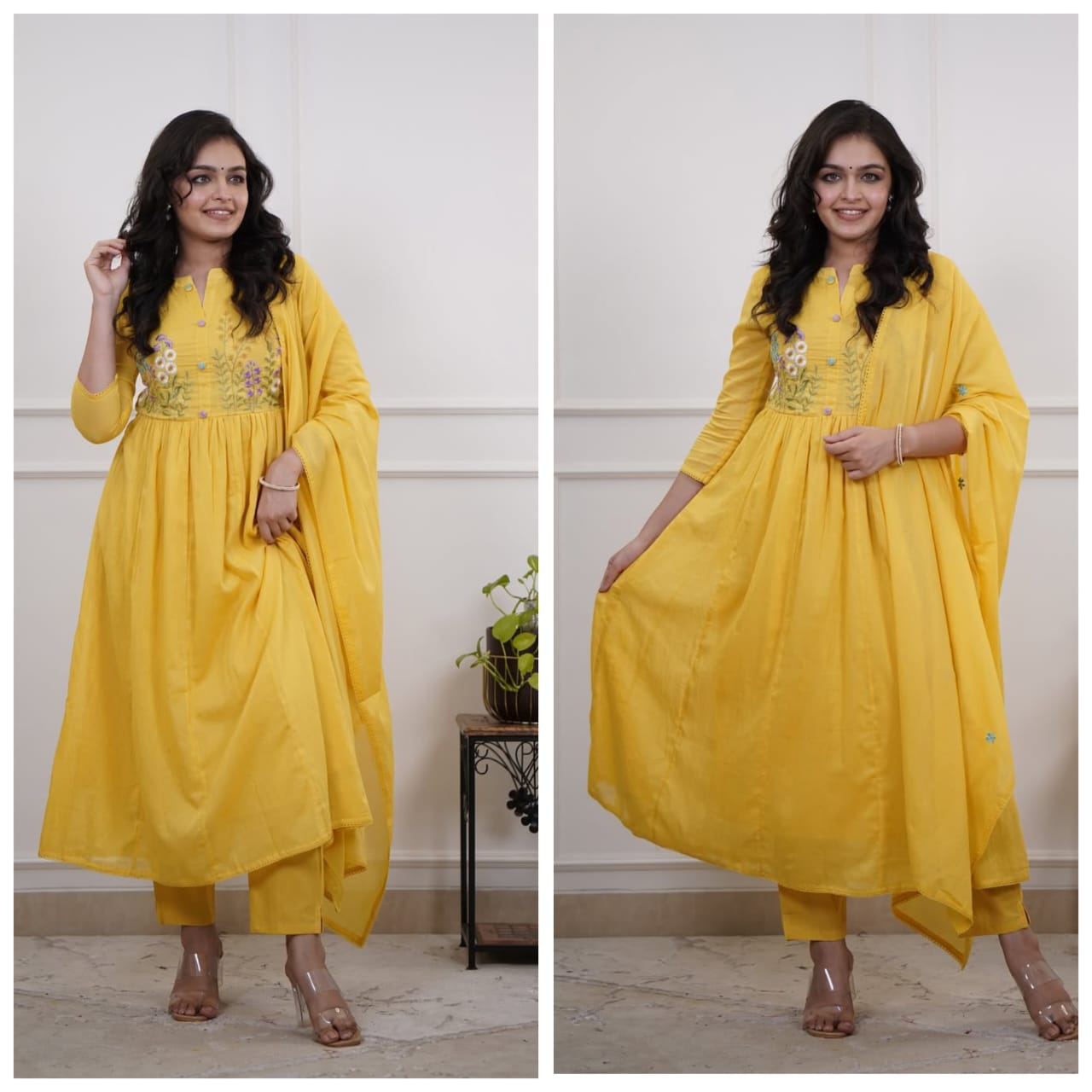Gulnoor Yellow Embroidered Kurti Pant Dupatta Set