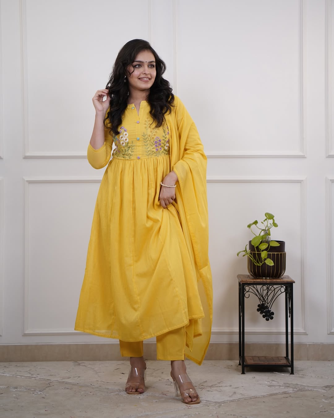 Gulnoor Yellow Embroidered Kurti Pant Dupatta Set