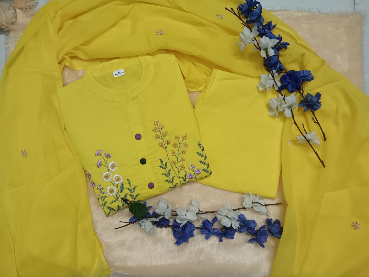 Gulnoor Yellow Embroidered Kurti Pant Dupatta Set