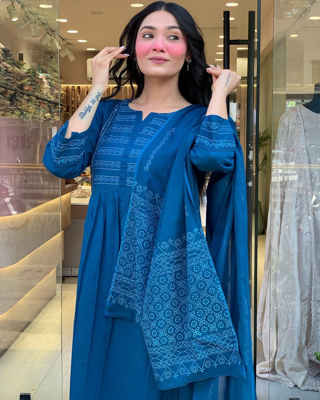 Neelkamal Blue A-Line Embroidered Cotton Suit Set