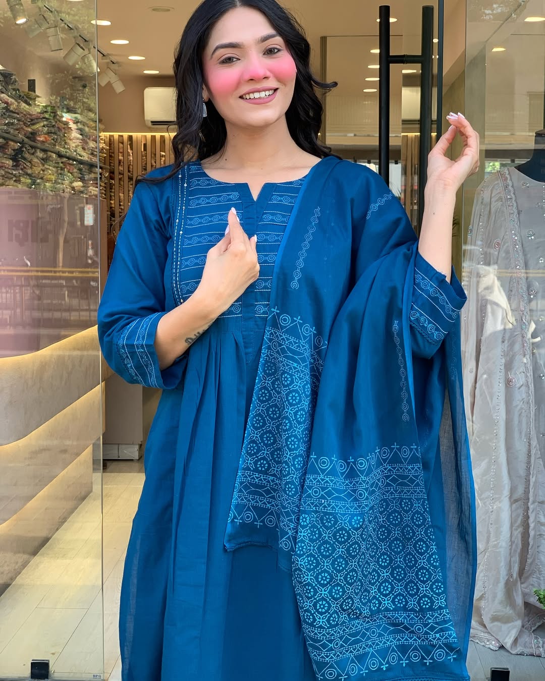 Neelkamal Blue A-Line Embroidered Cotton Suit Set