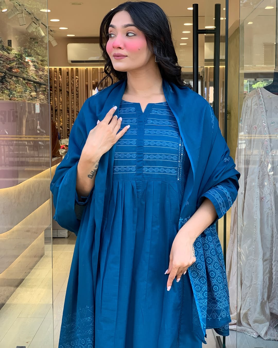 Neelkamal Blue A-Line Embroidered Cotton Suit Set