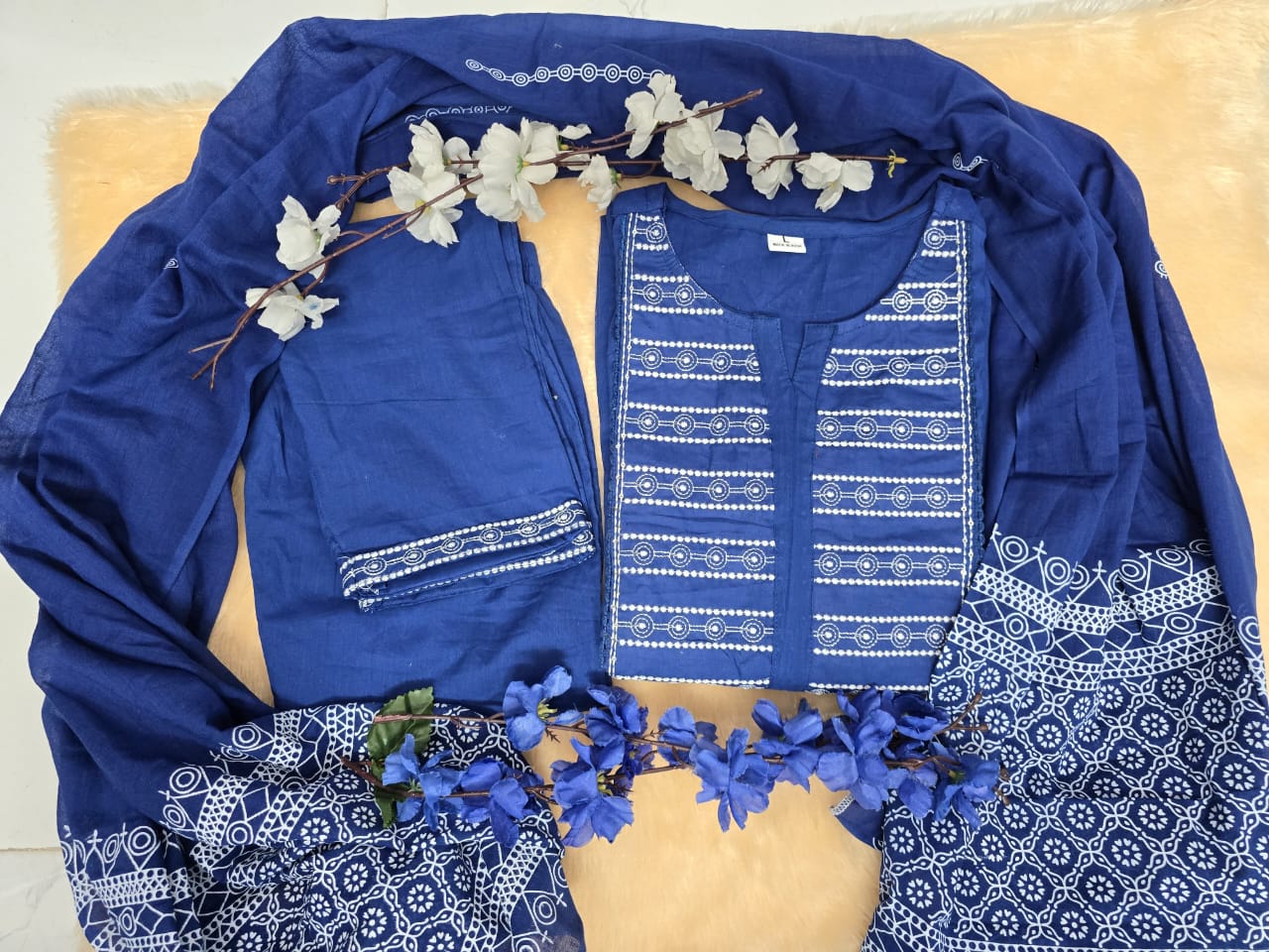 Neelkamal Blue A-Line Embroidered Cotton Suit Set