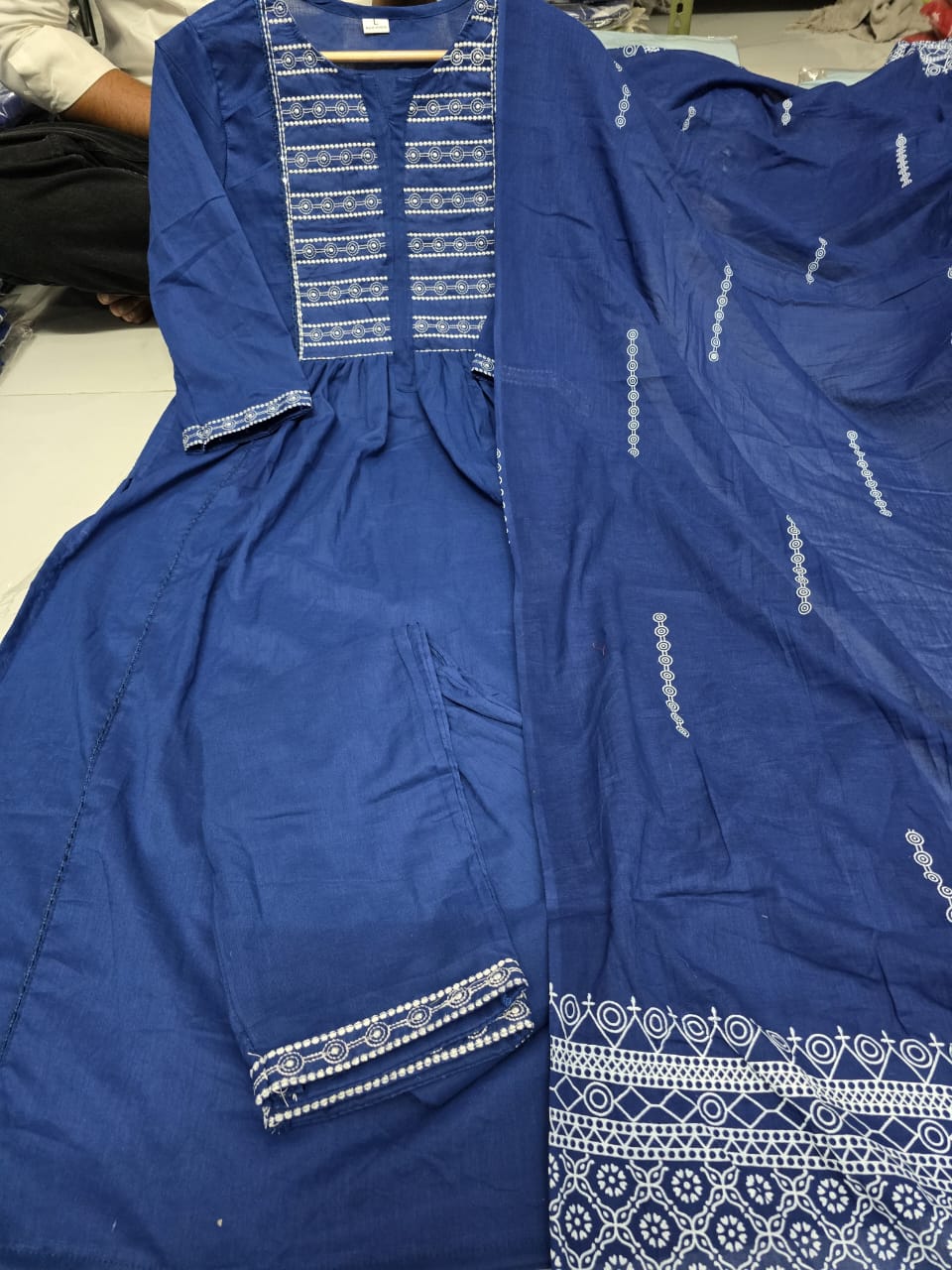 Neelkamal Blue A-Line Embroidered Cotton Suit Set