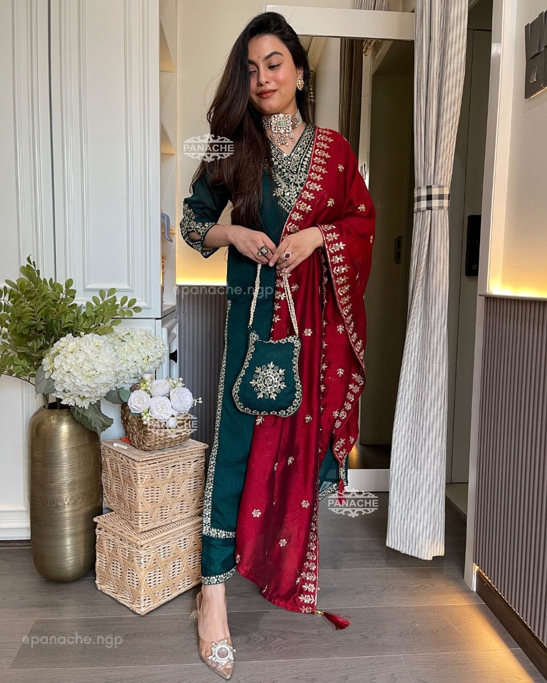Vichitra Silk Festive Coding Work Suit Set