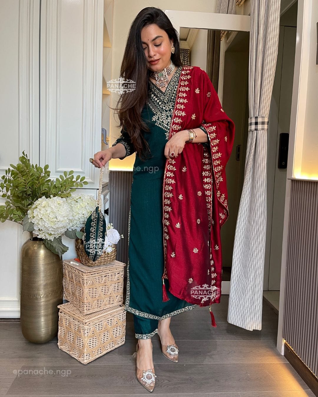 Vichitra Silk Festive Coding Work Suit Set
