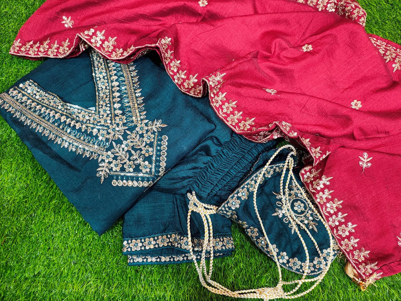 Vichitra Silk Festive Coding Work Suit Set