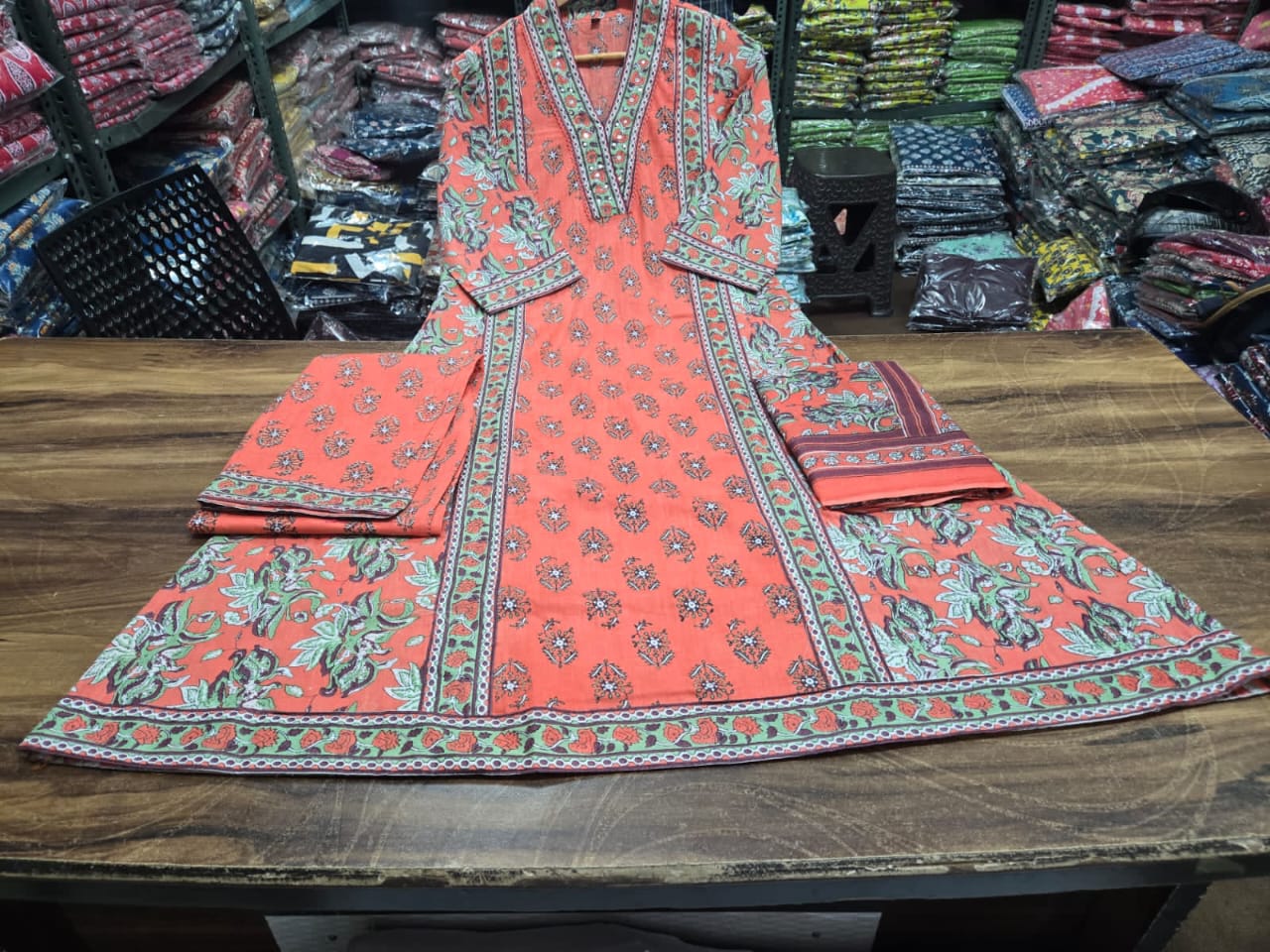 Cotton Handblock A-Line Plazo Suit Set