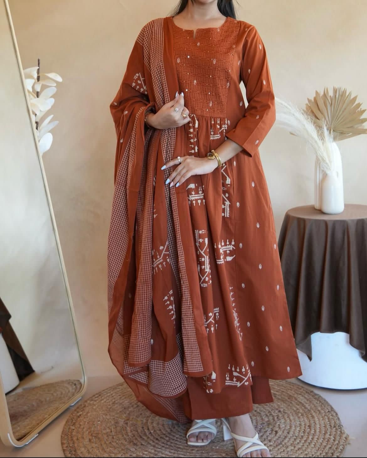 Brown Anarkali Cotton Suit Set