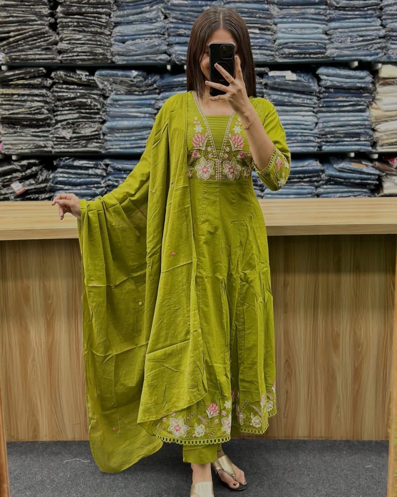 Gulnoor Orange Anarkali Cotton Suit Set