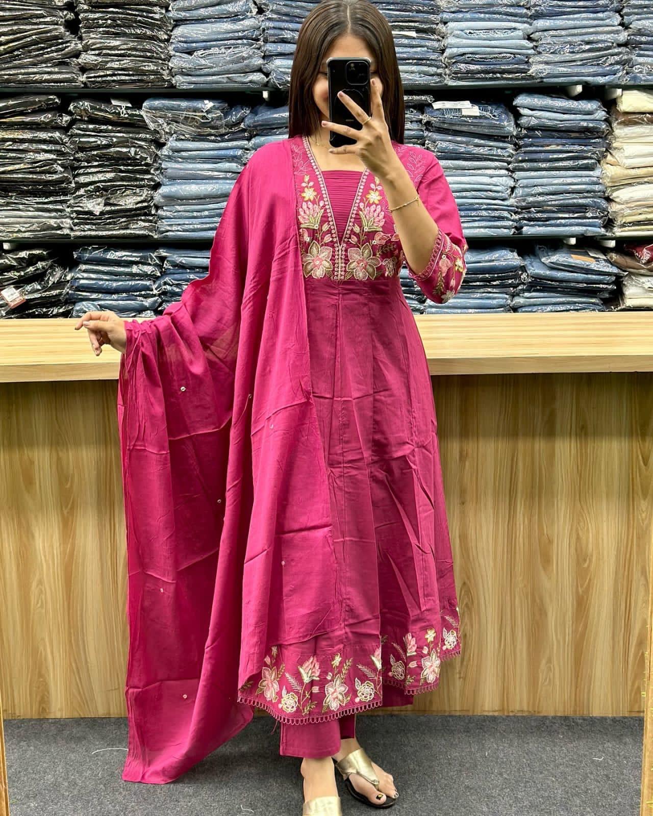 Gulnoor Orange Anarkali Cotton Suit Set