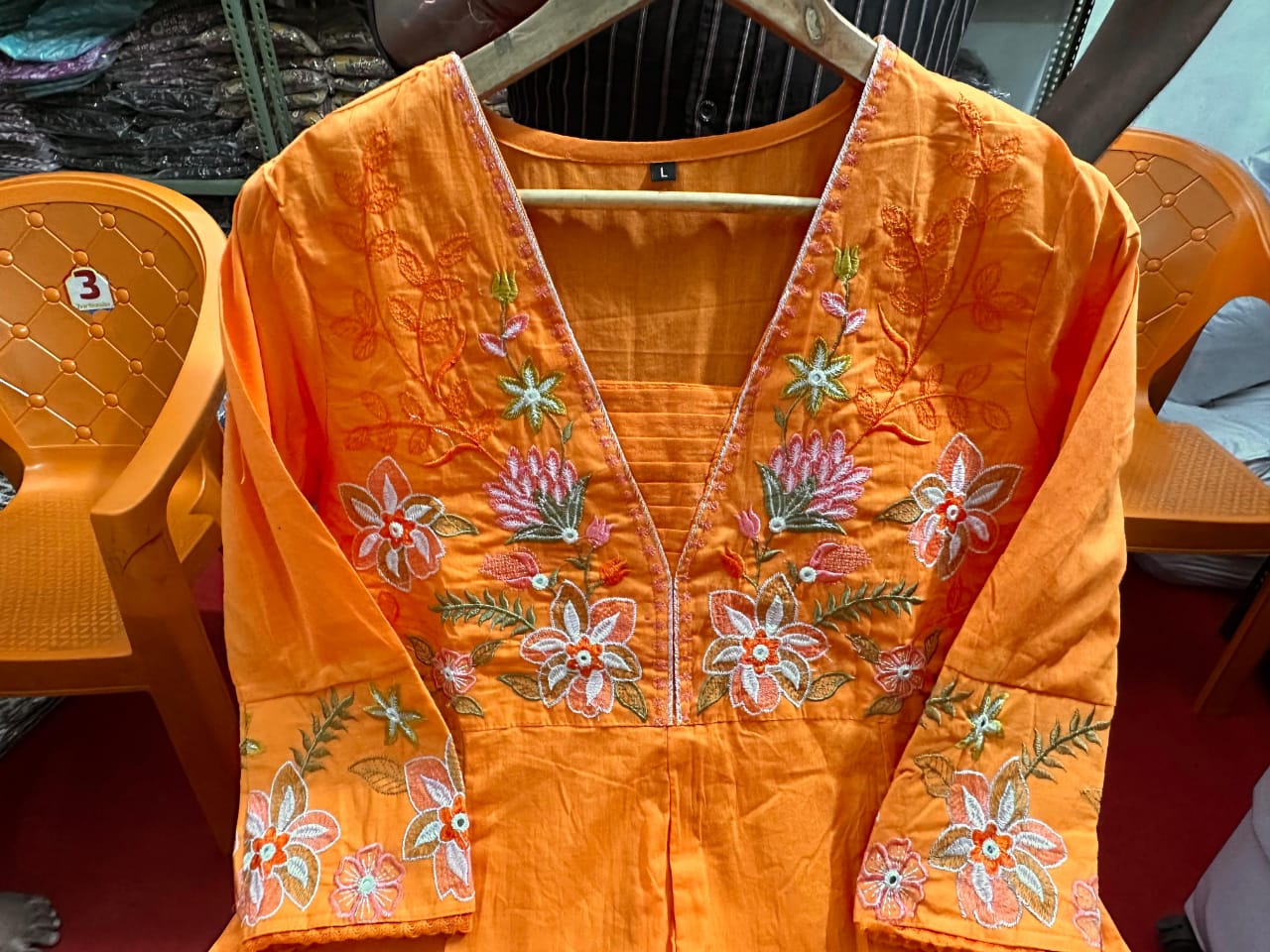 Gulnoor Orange Anarkali Cotton Suit Set