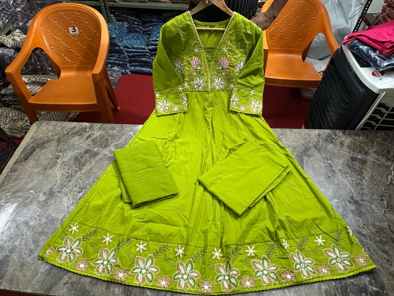 Gulnoor Mehendi Anarkali Cotton Suit Set