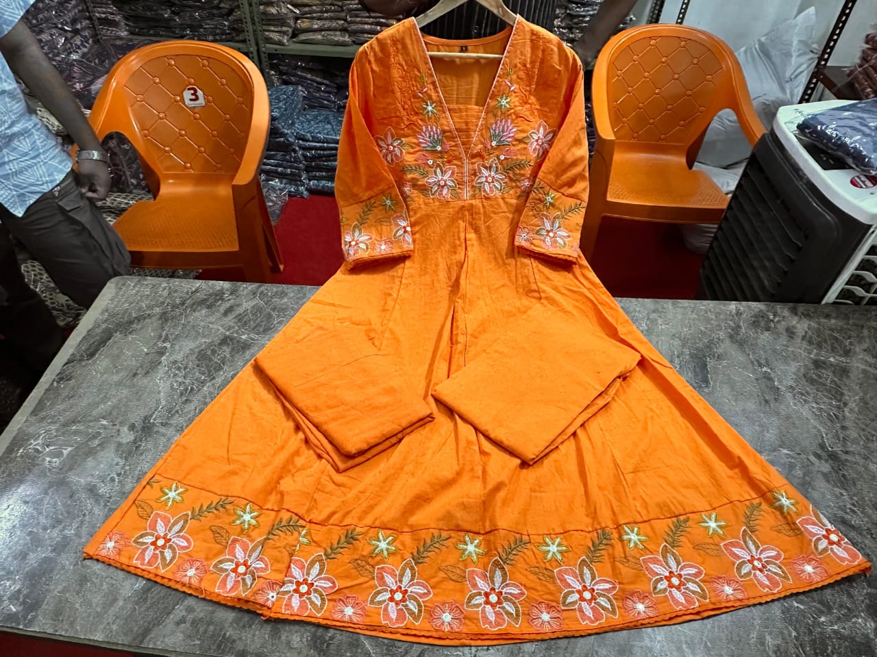 Gulnoor Orange Anarkali Cotton Suit Set