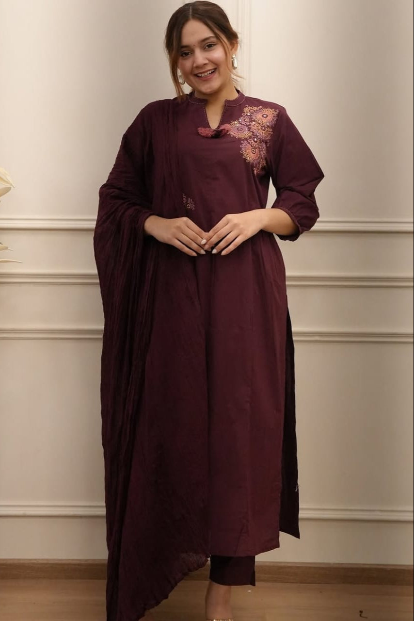 Zahira Maroon Cotton Embroidery Suit Set