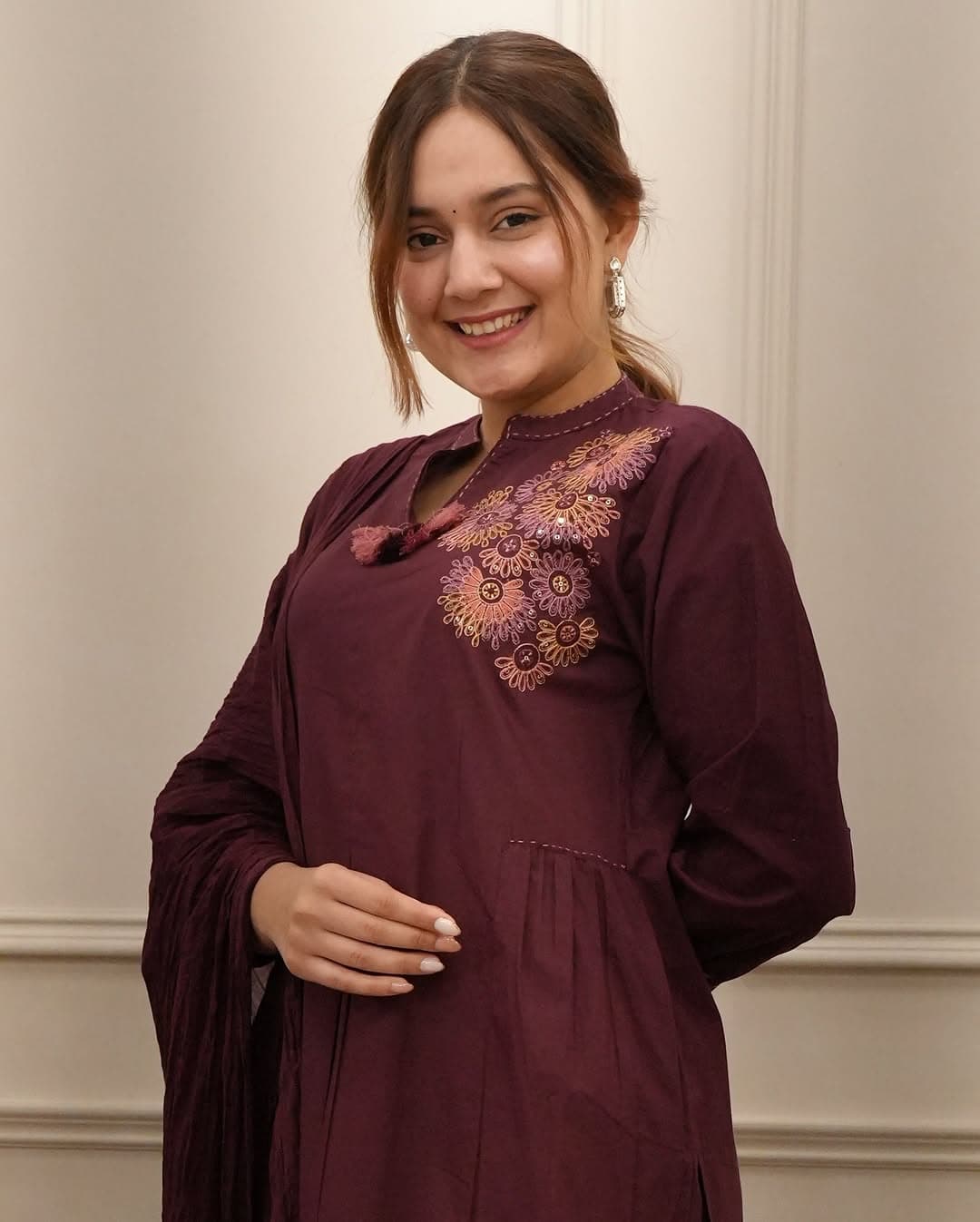 Zahira Maroon Cotton Embroidery Suit Set