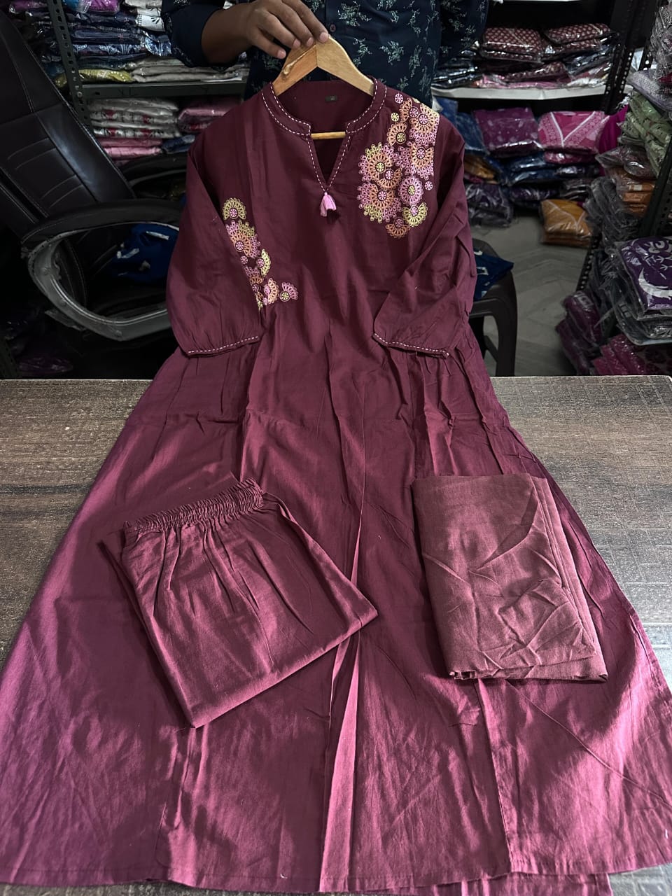 Zahira Maroon Cotton Embroidery Suit Set