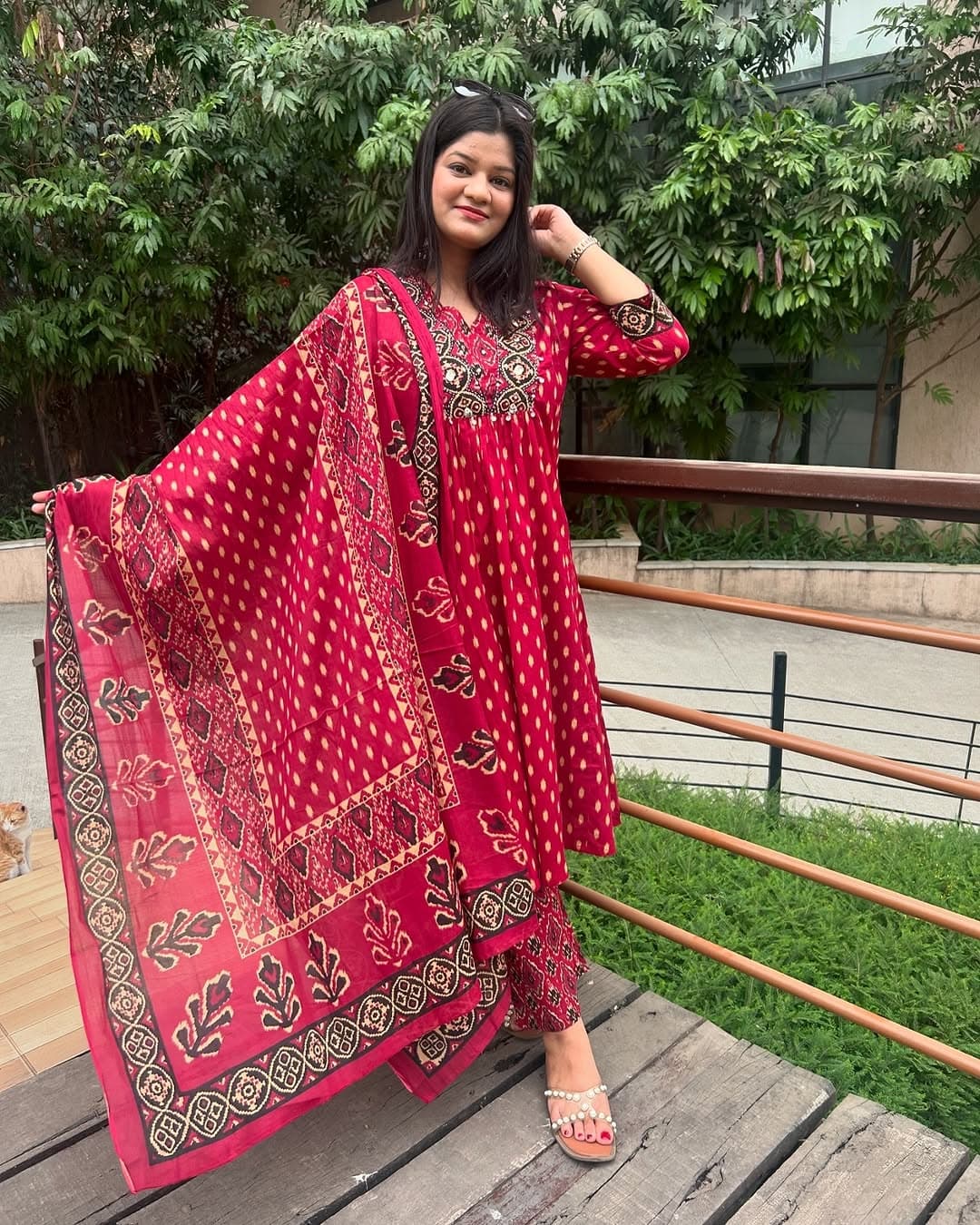 Ruhani Rang Red Floral A-Line Suit Set