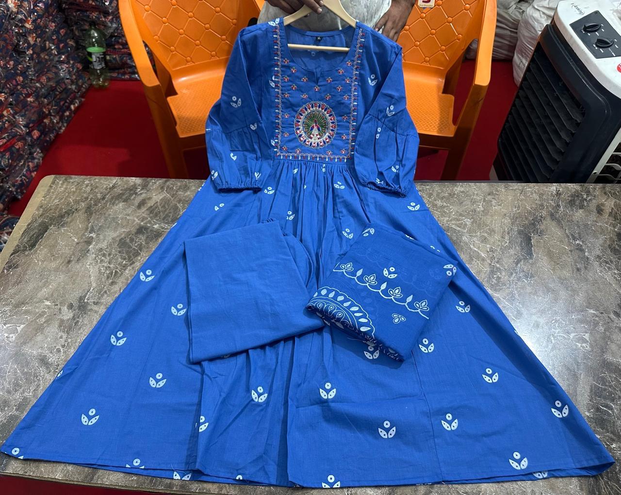 Beautiful Kanarvi Blue Anarkali Cotton Suit Set
