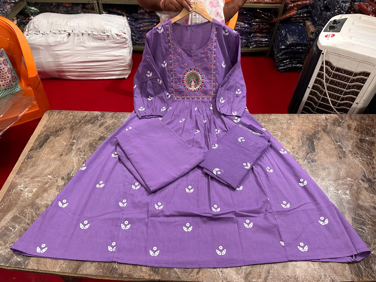Beautiful Kanarvi Purple Anarkali Cotton Suit Set