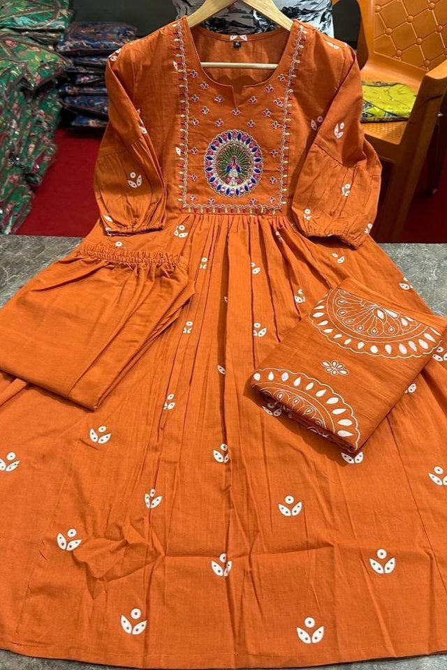 Beautiful Kanarvi Orange Anarkali Cotton Suit Set
