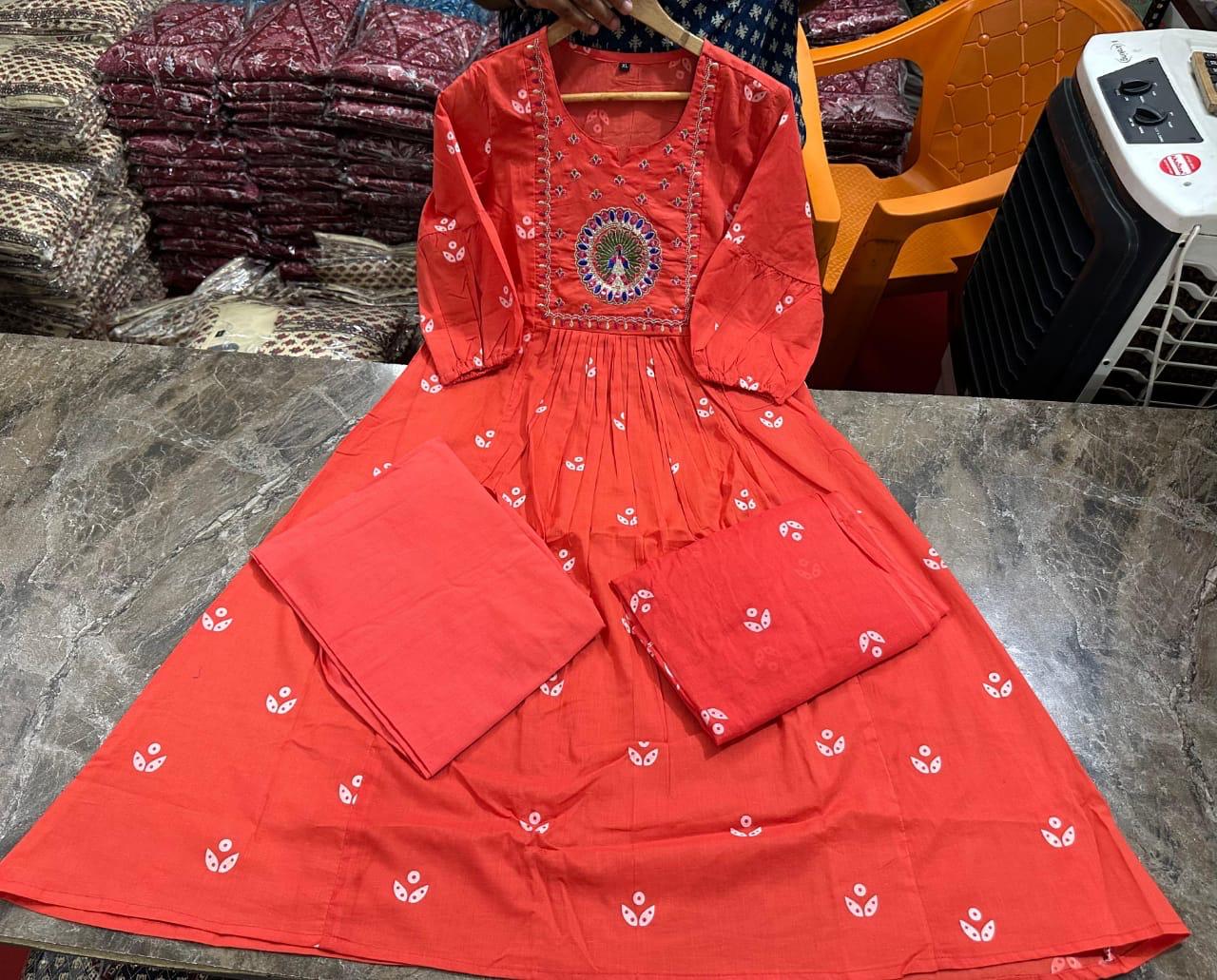 Beautiful Kanarvi Red Anarkali Cotton Suit Set