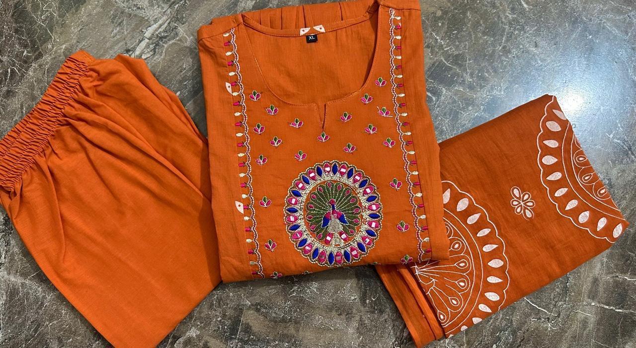 Beautiful Kanarvi Orange Anarkali Cotton Suit Set