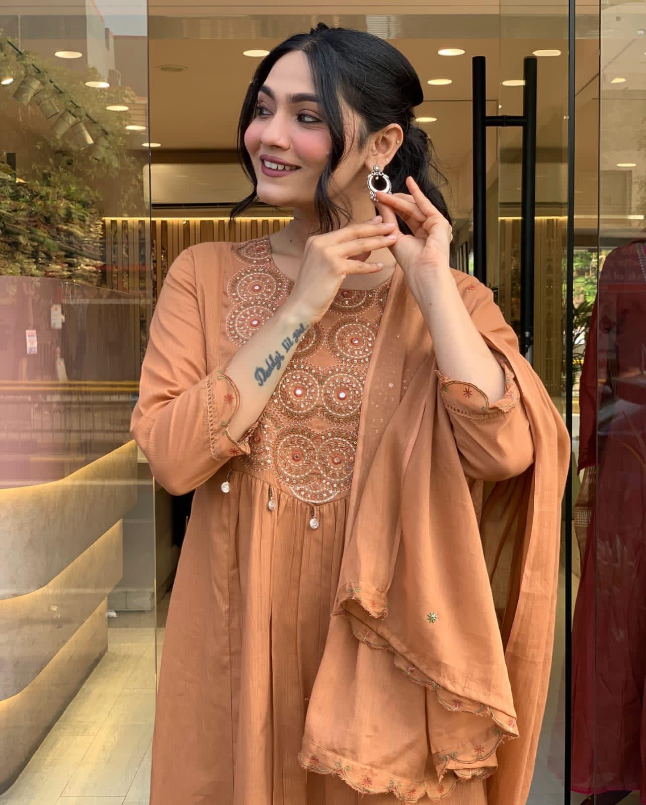 Shwetbela Brown Anarkali Cotton Suit Set