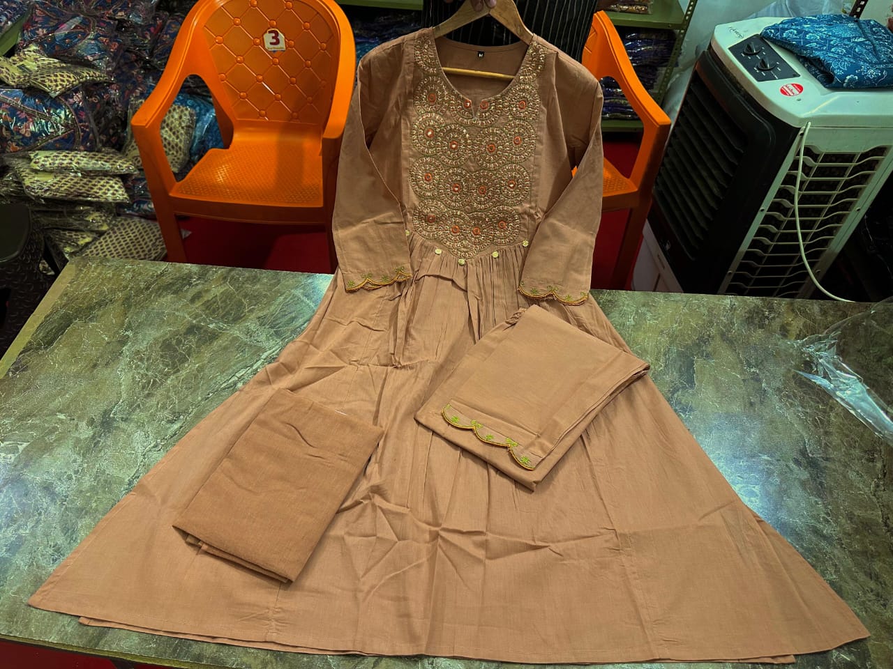 Shwetbela Brown Anarkali Cotton Suit Set