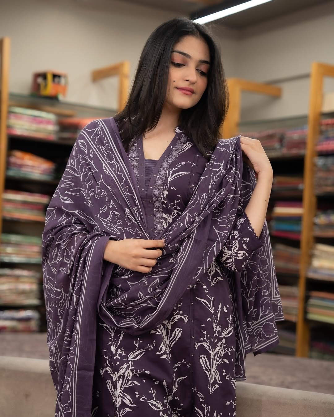 Trending Dark Purple Cotton Embroidered Suit Set