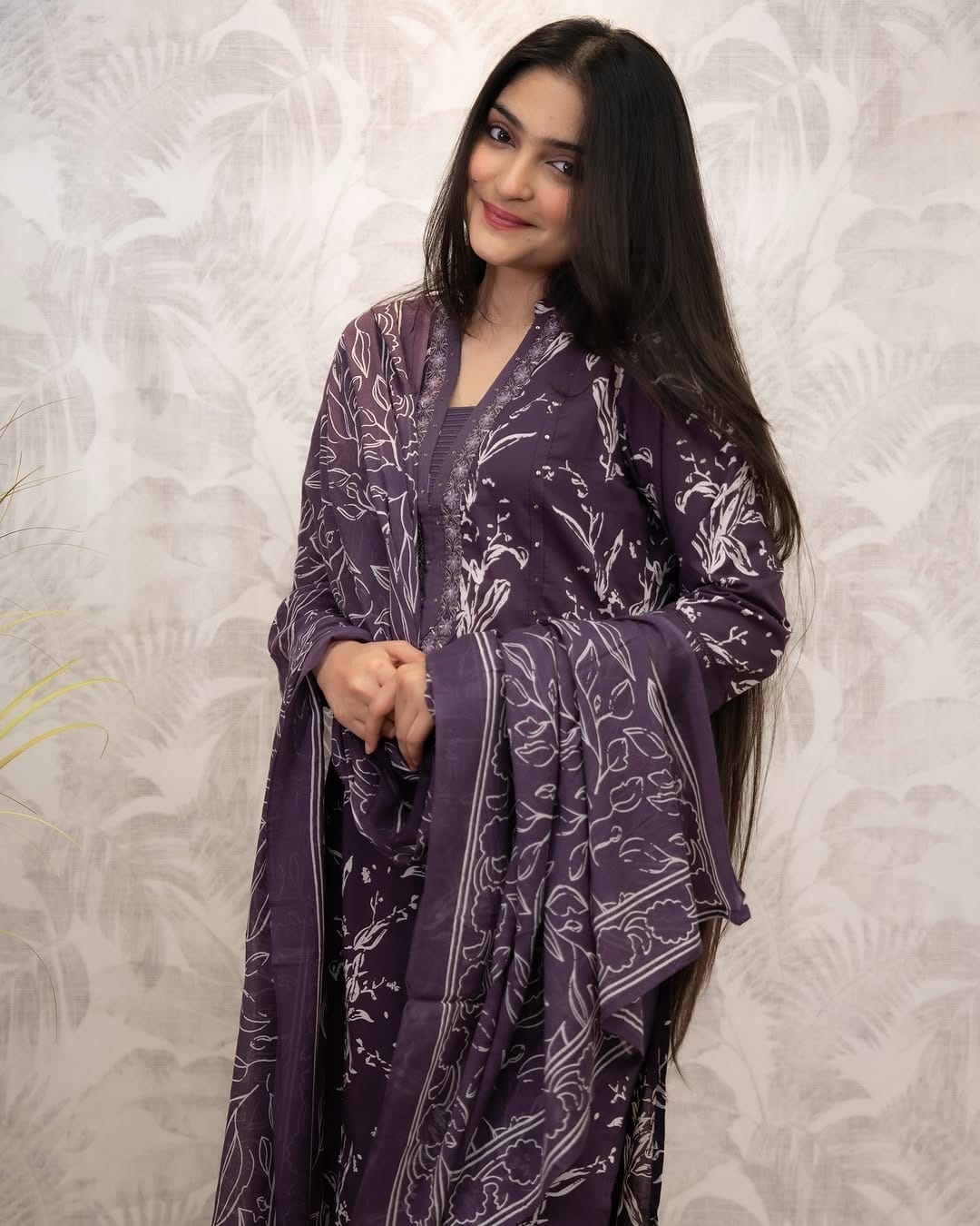 Trending Dark Purple Cotton Embroidered Suit Set
