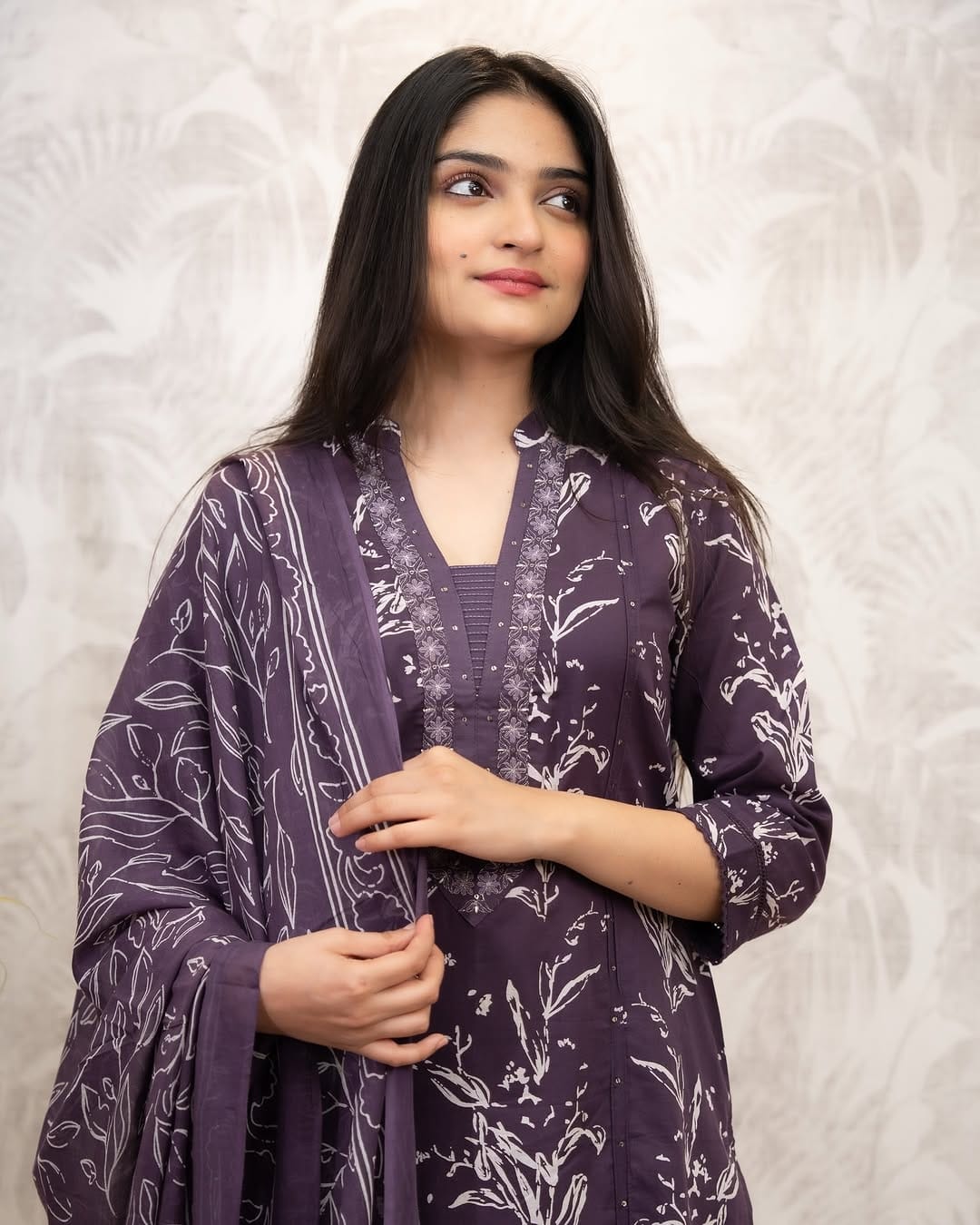 Trending Dark Purple Cotton Embroidered Suit Set