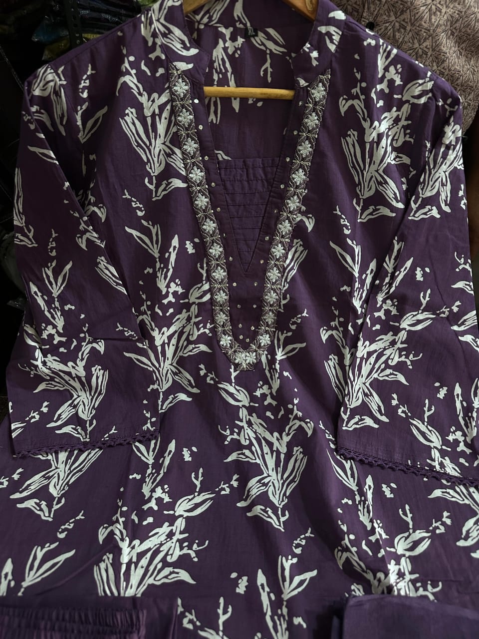 Trending Dark Purple Cotton Embroidered Suit Set
