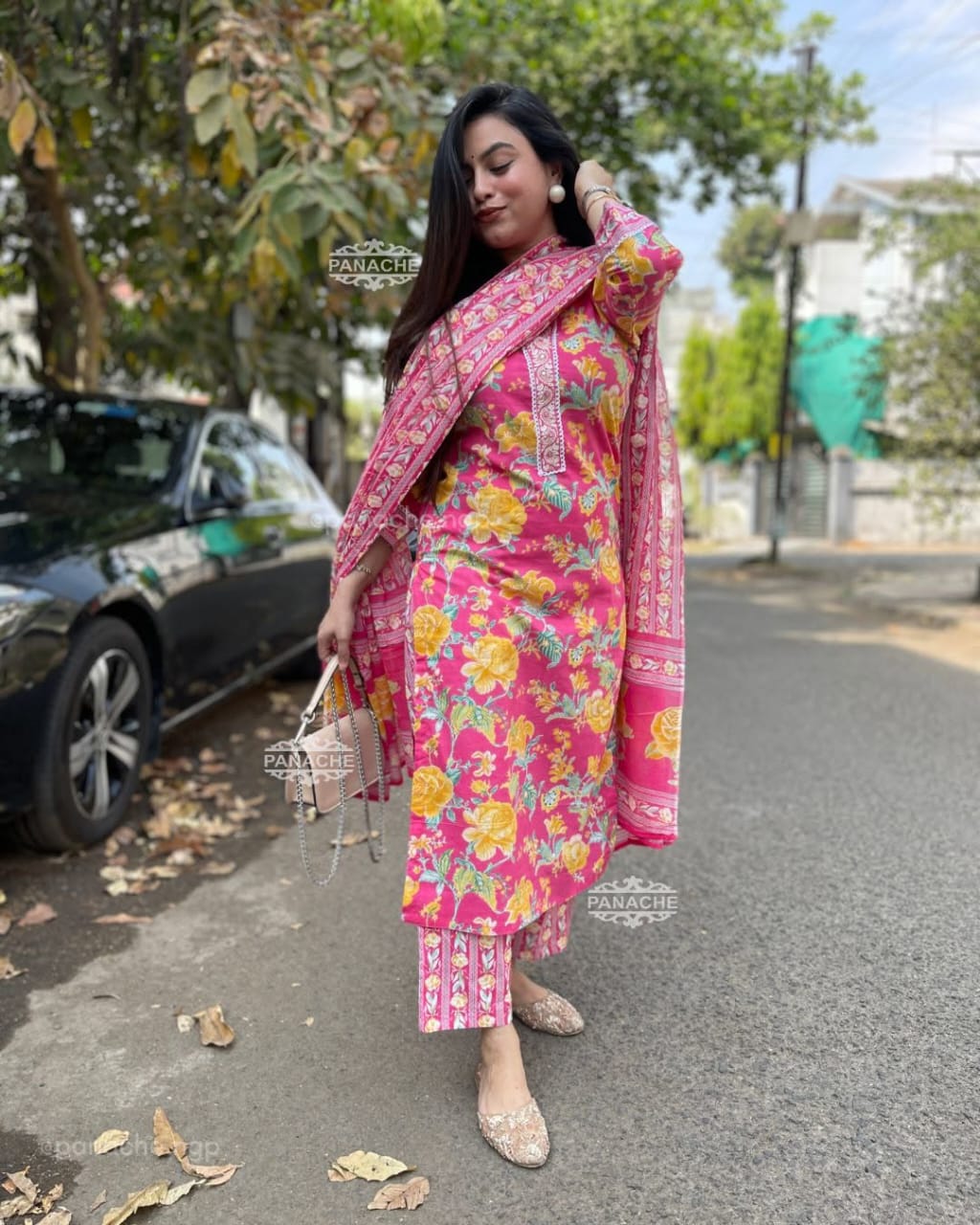Gulzaar Pink Floral Embroidered Cotton Suit Set