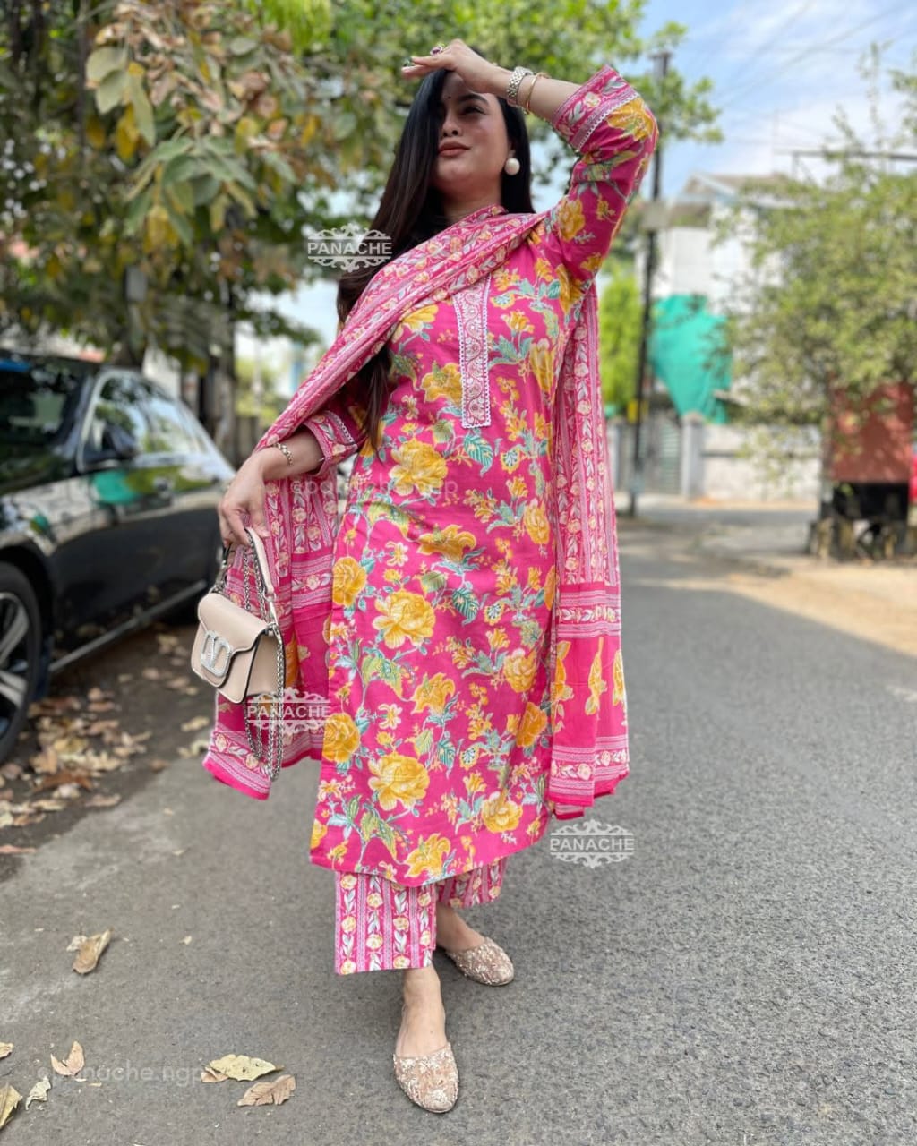 Gulzaar Pink Floral Embroidered Cotton Suit Set