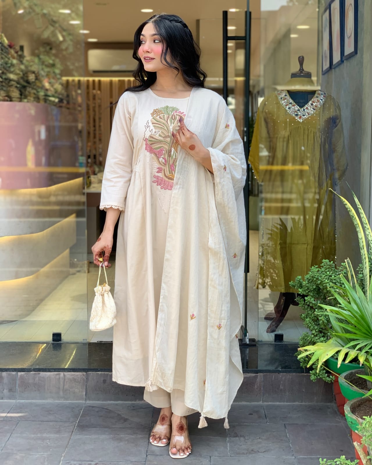 Noorani White Embroidered Cotton Suit Set