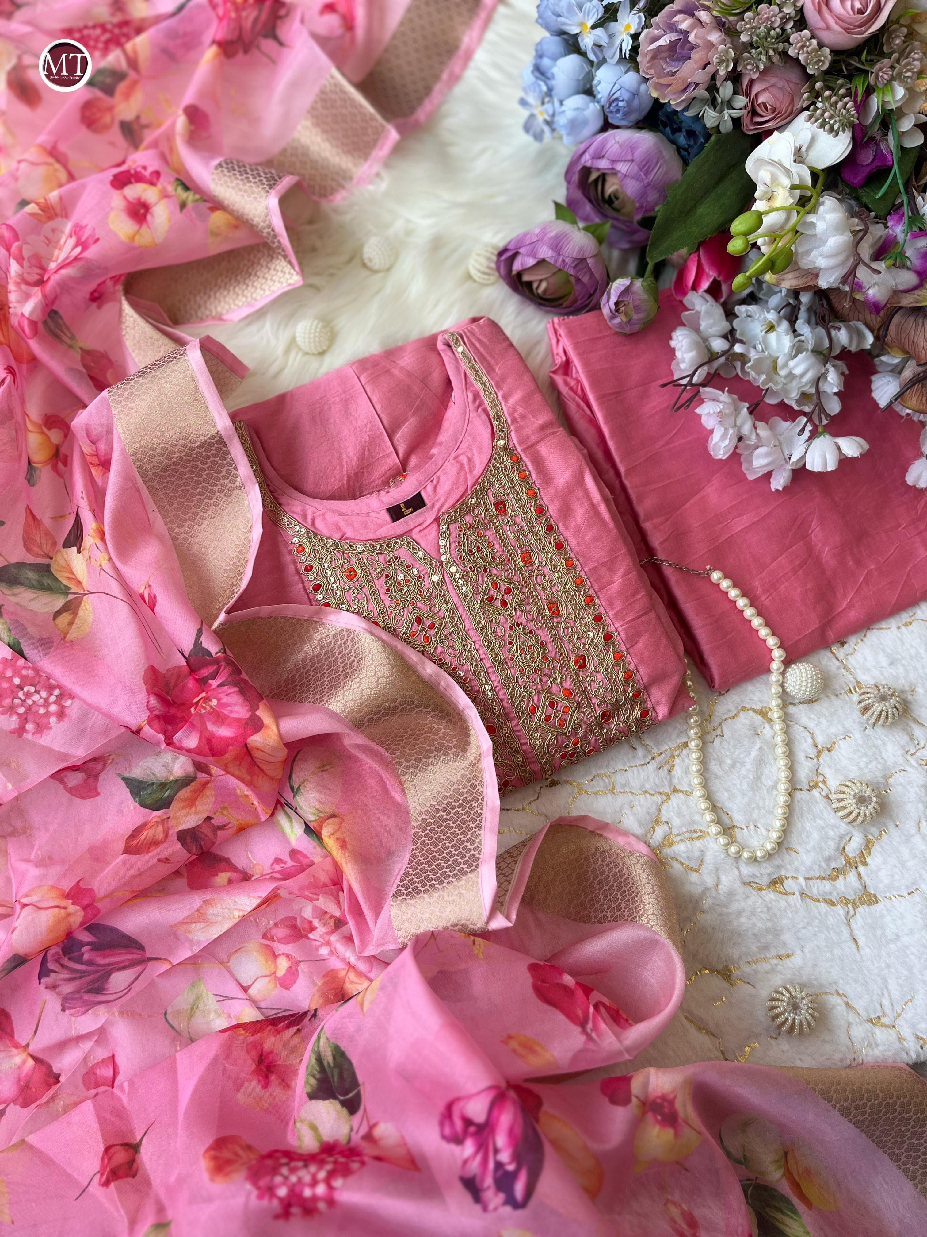 Zarira Banana Silk Anarkali Kurti Pant Dupatta Set