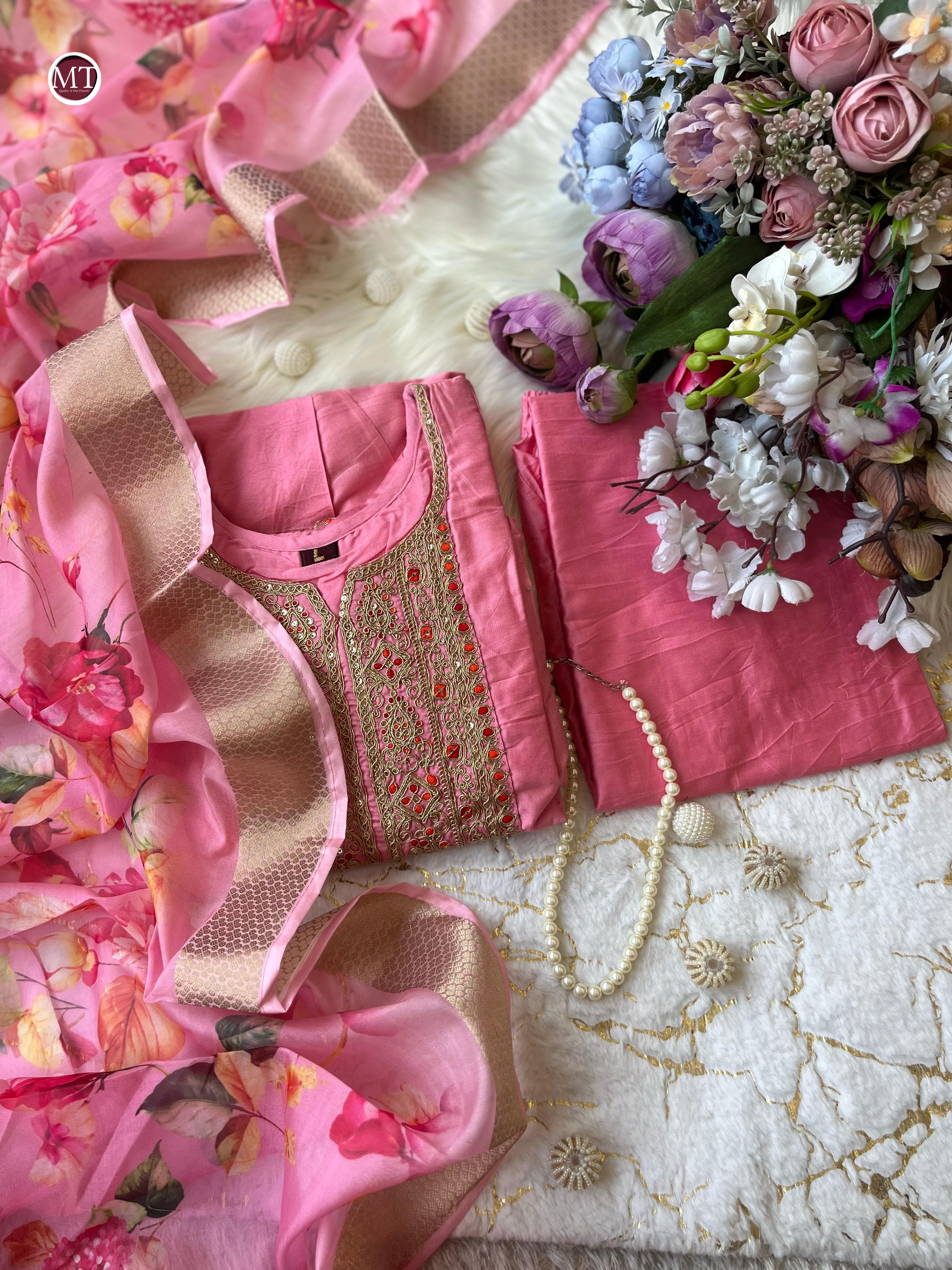 Zarira Banana Silk Anarkali Kurti Pant Dupatta Set
