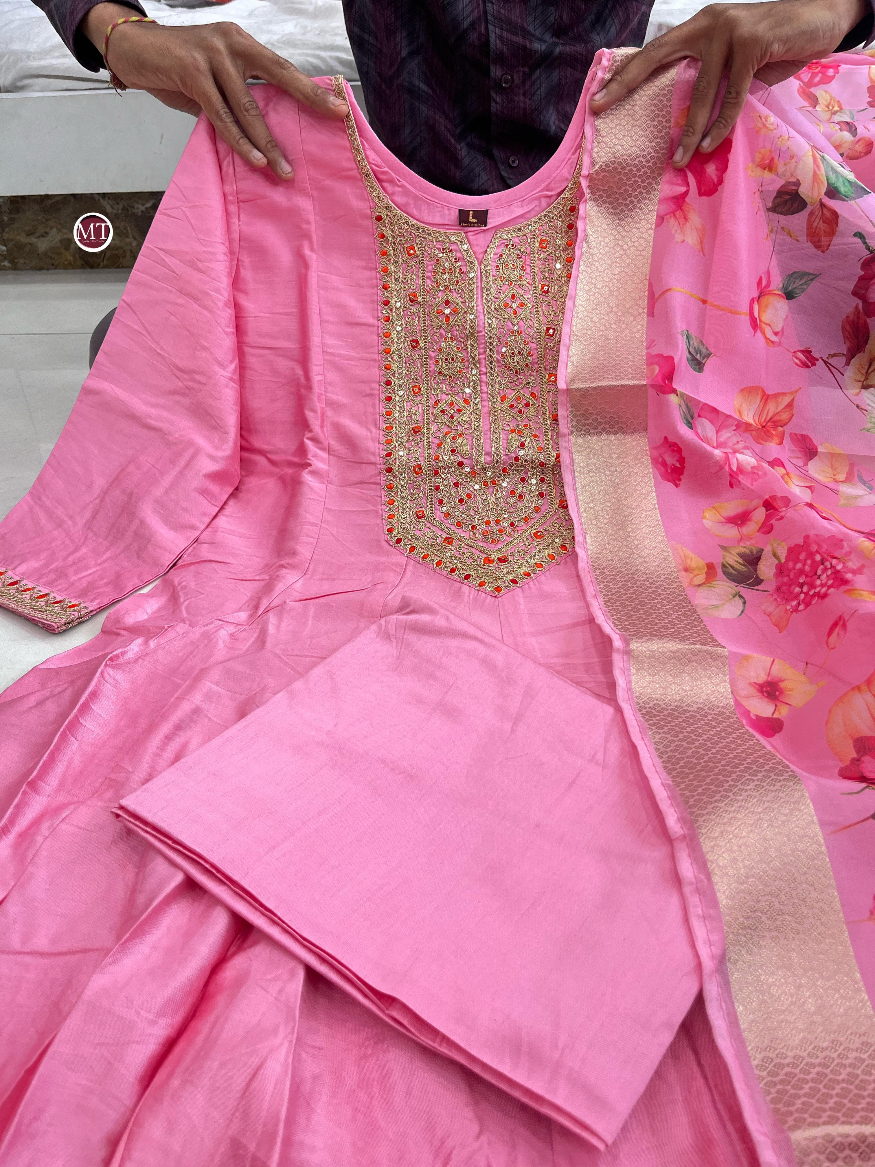 Zarira Banana Silk Anarkali Kurti Pant Dupatta Set
