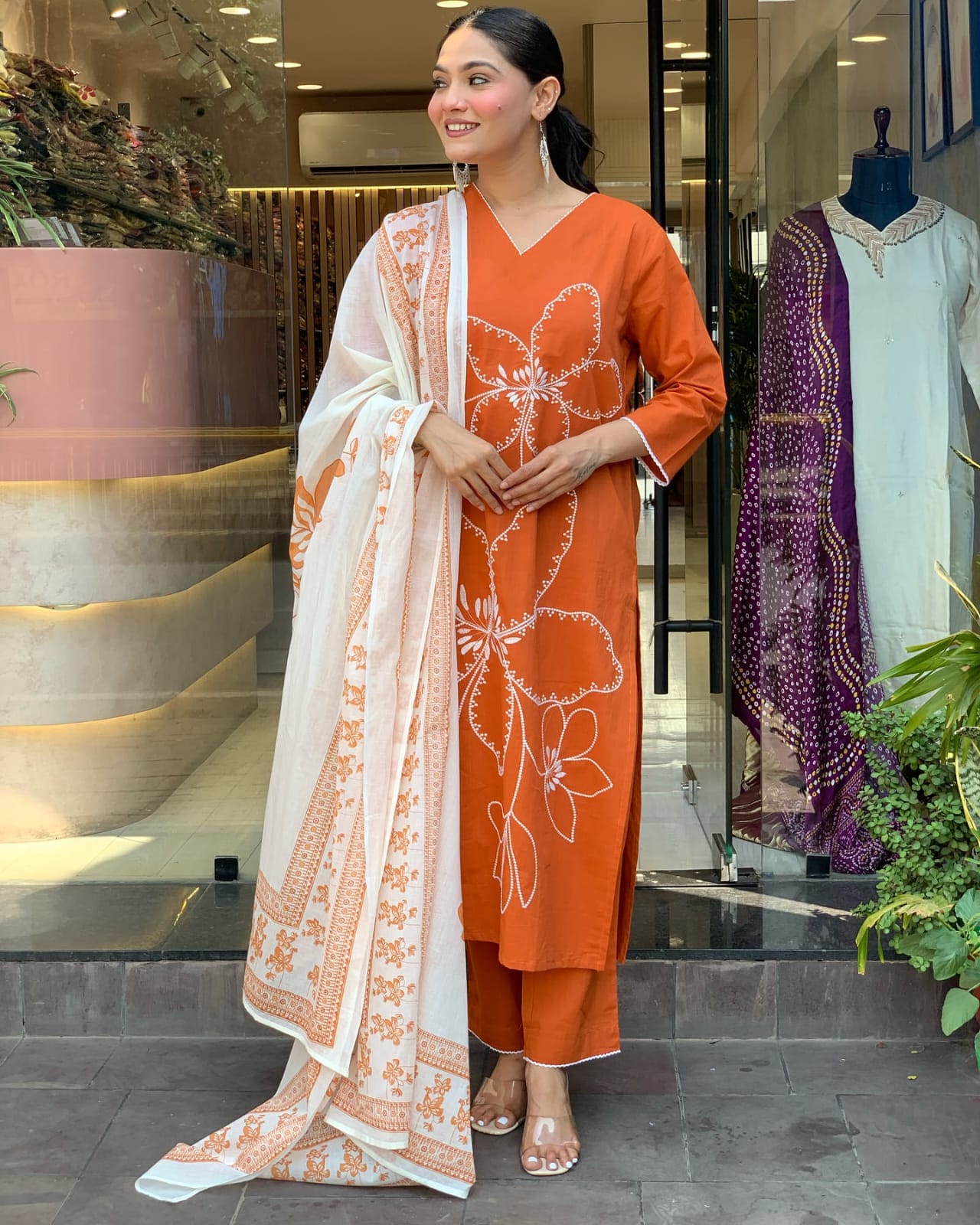Pure Cotton Orange Embroidered Suit Set