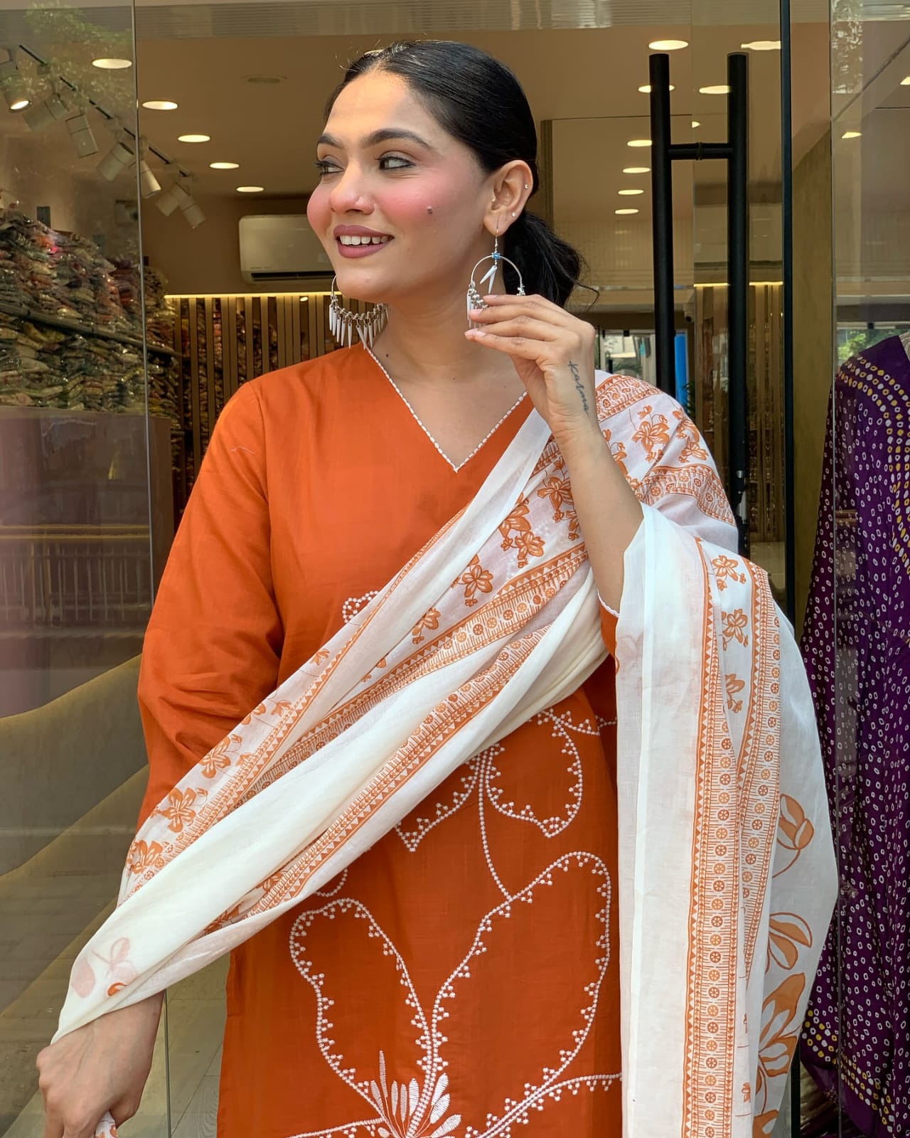 Pure Cotton Orange Embroidered Suit Set