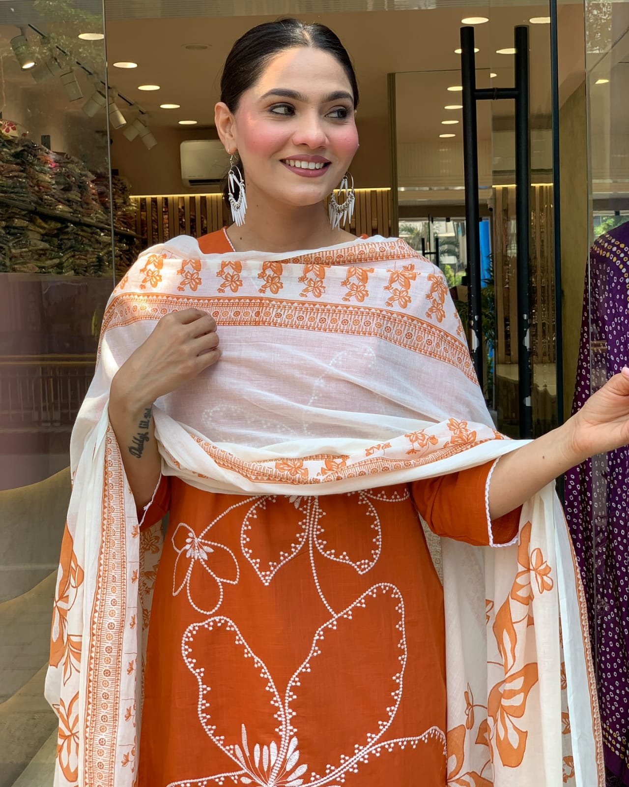 Pure Cotton Orange Embroidered Suit Set