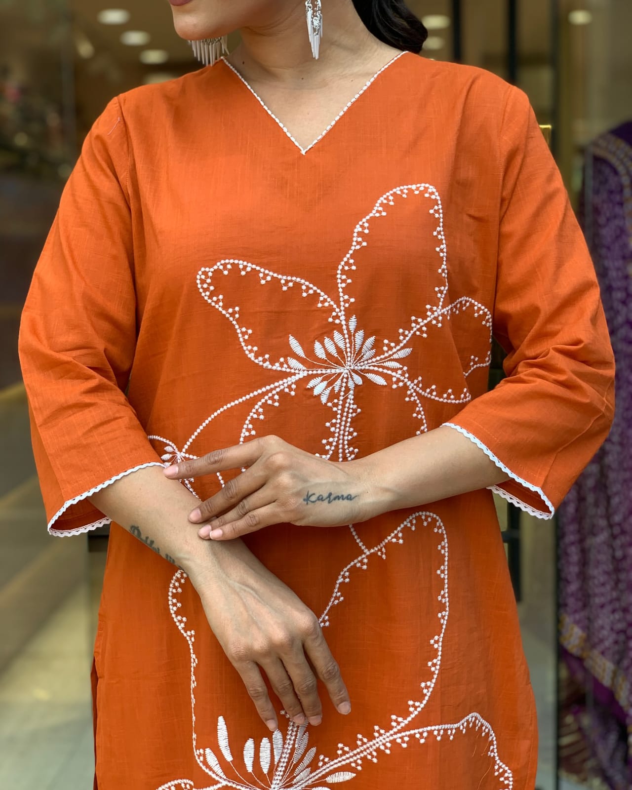 Pure Cotton Orange Embroidered Suit Set
